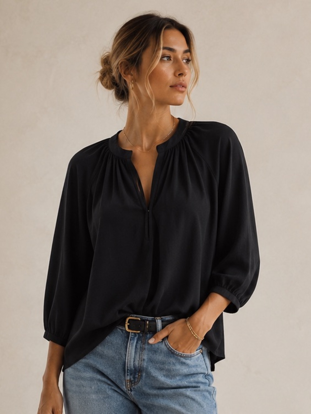 Joie Black Silk Split Neck Blouse